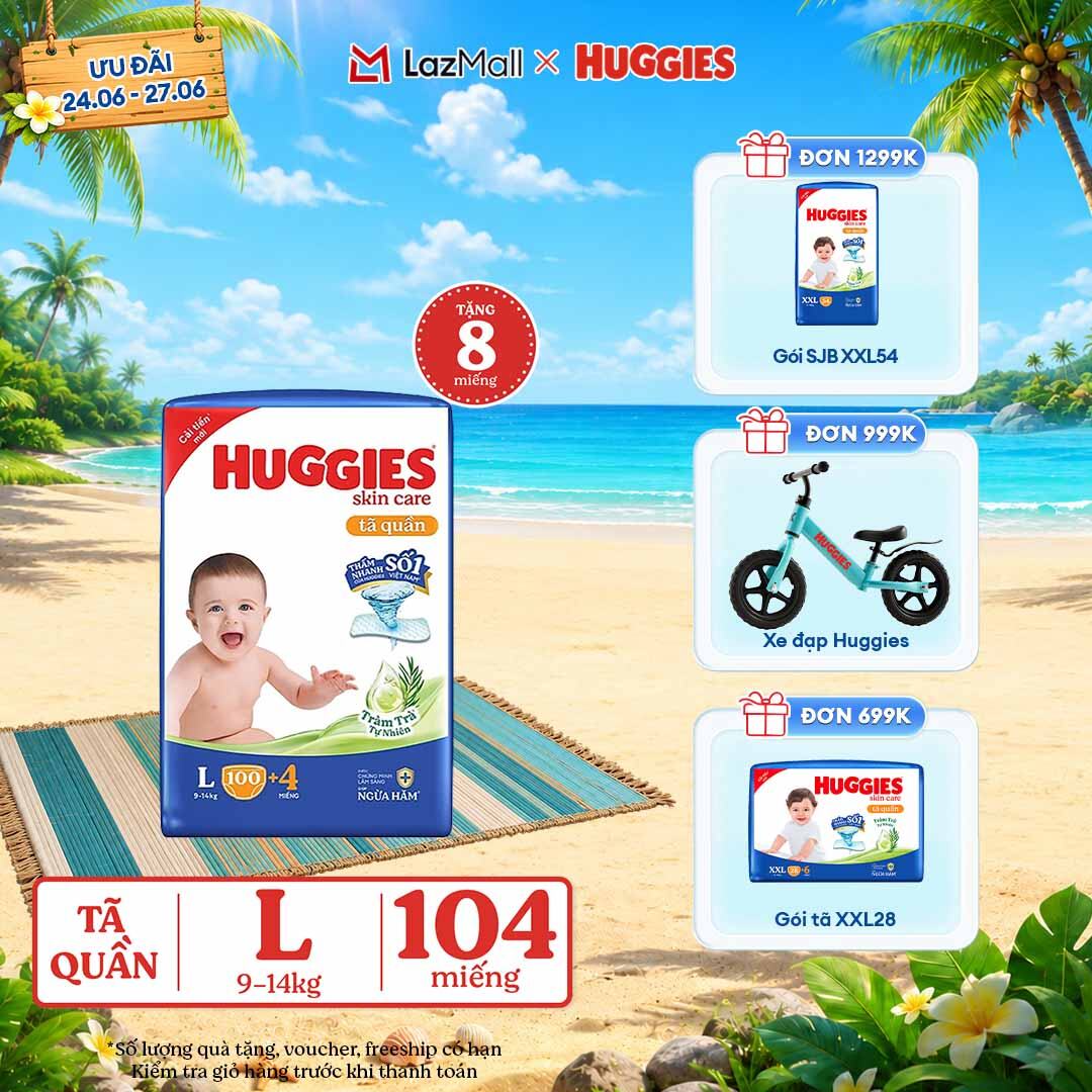 [Chỉ 25-29.06 GIẢM THÊM 90K]  Gói Tã/bỉm quần HUGGIES SKINCARE MEGA JUMBO size L100+4 miếng