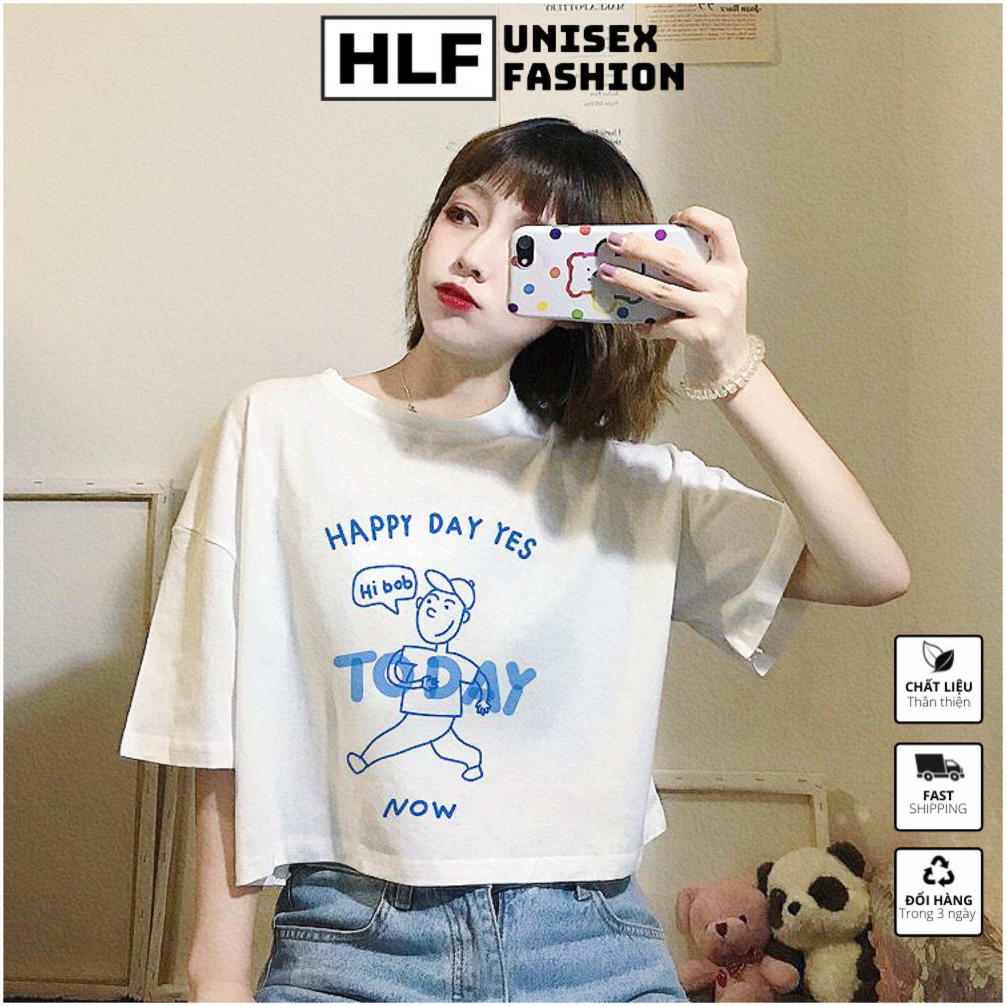 Áo baby tee cổ tròn thun nữ croptop Happy Day Today, brand HLF