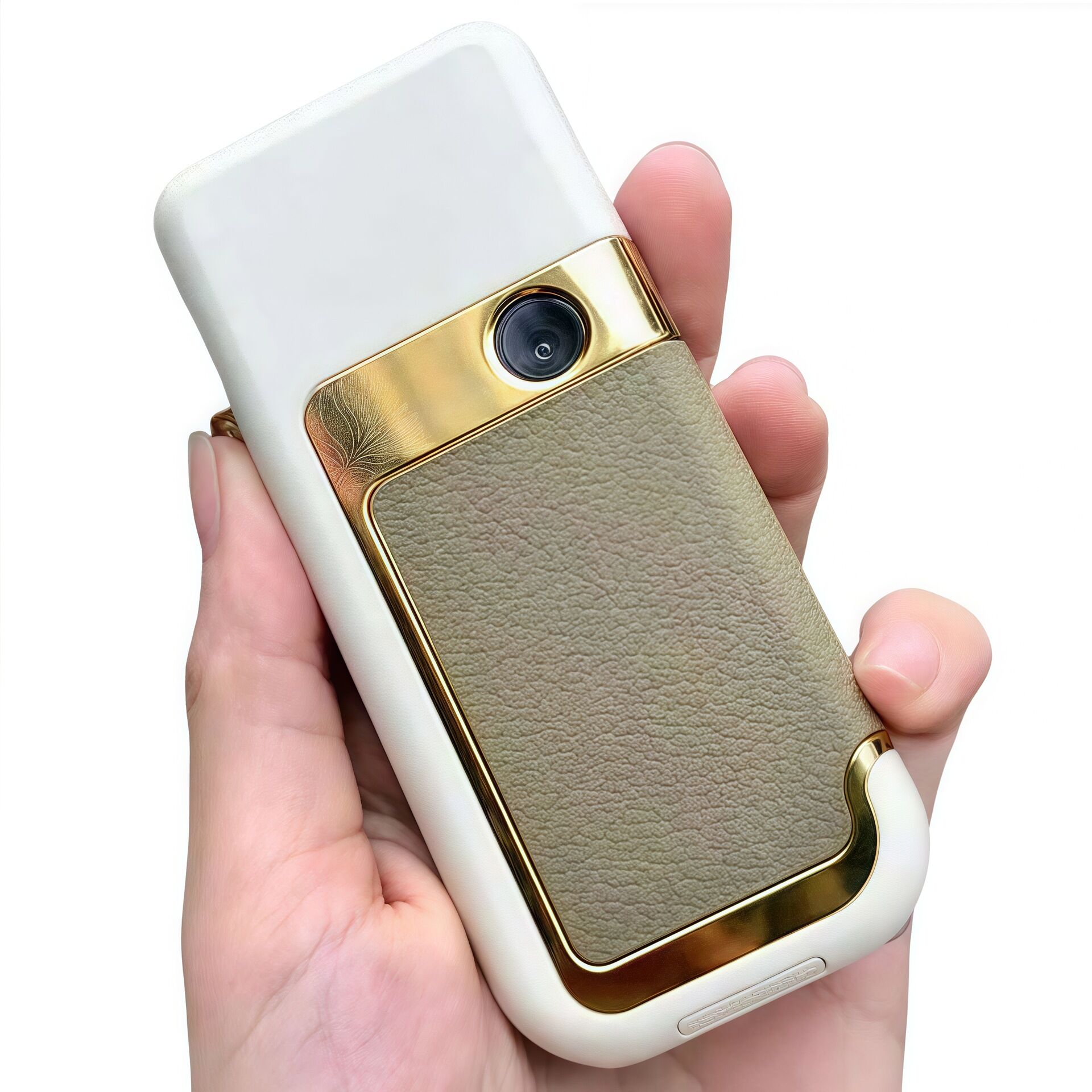 Nokia 7360 (1SIM 3G) chính hãng điện thoại cơ bản với thiết kế sang trọng, camera đơn, vỏ da màu be và viền vàng.
