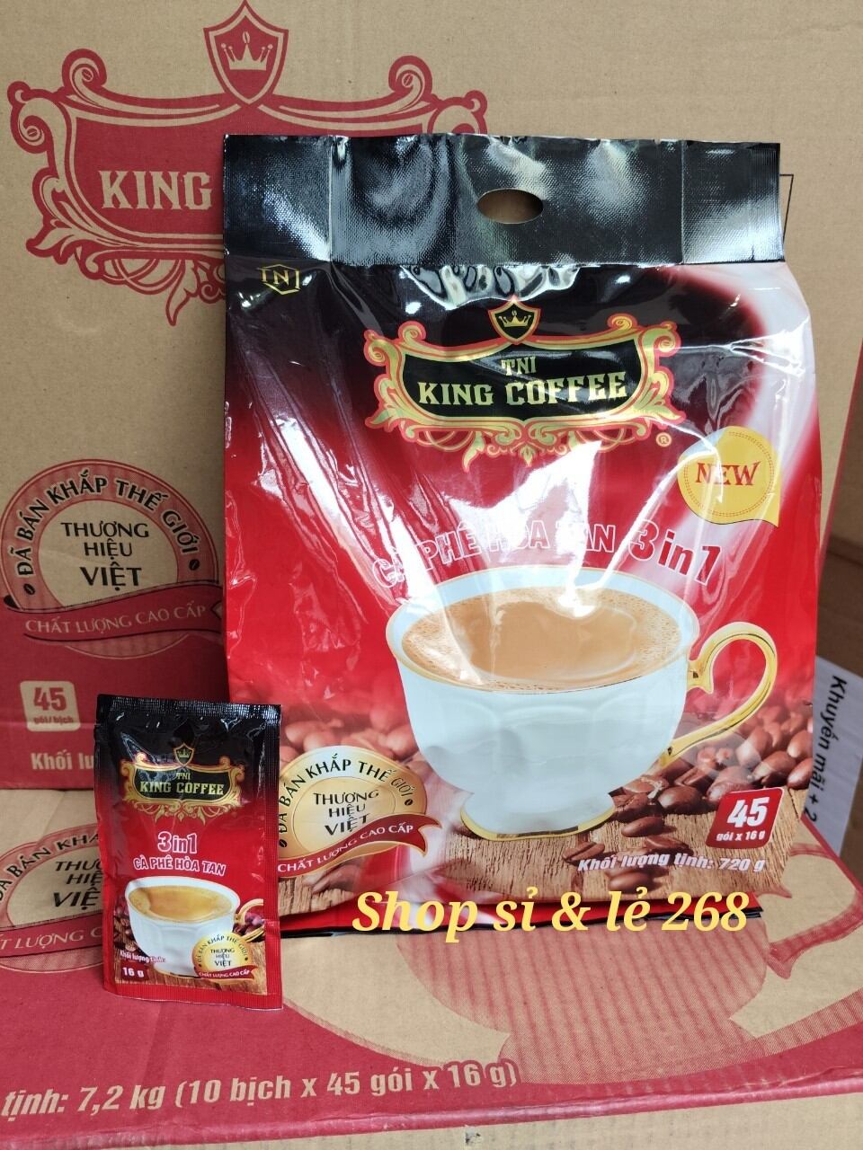 Cà phê sữa hòa tan King Coffee 45 gói × 16gram (720gr). Tặng 1 lon coffee ngẫu nhiên