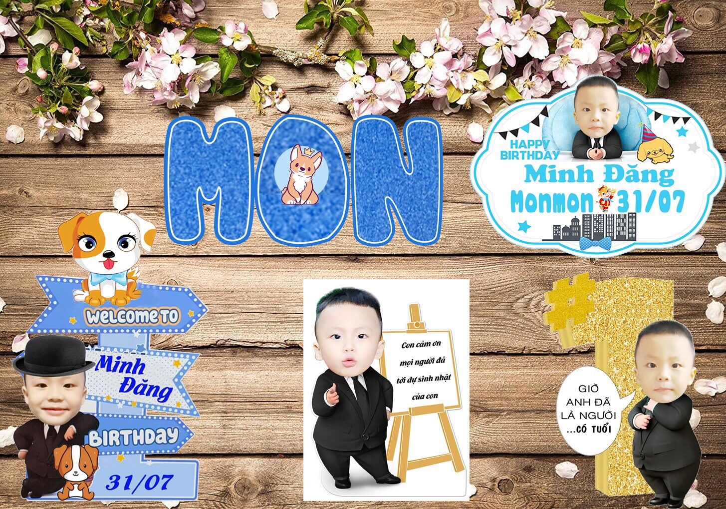 Set chibi để bàn trang trí sinh nhật  bé trai 1 tuổi