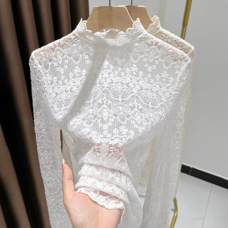 Áo Sơ Mi Ren Viền Cổ Đứng Màu Trơn Dành Cho Nữ Áo Lót Mặc Trong Mùa Thu 2024 Áo Len Cao Cấp Mới Áo S