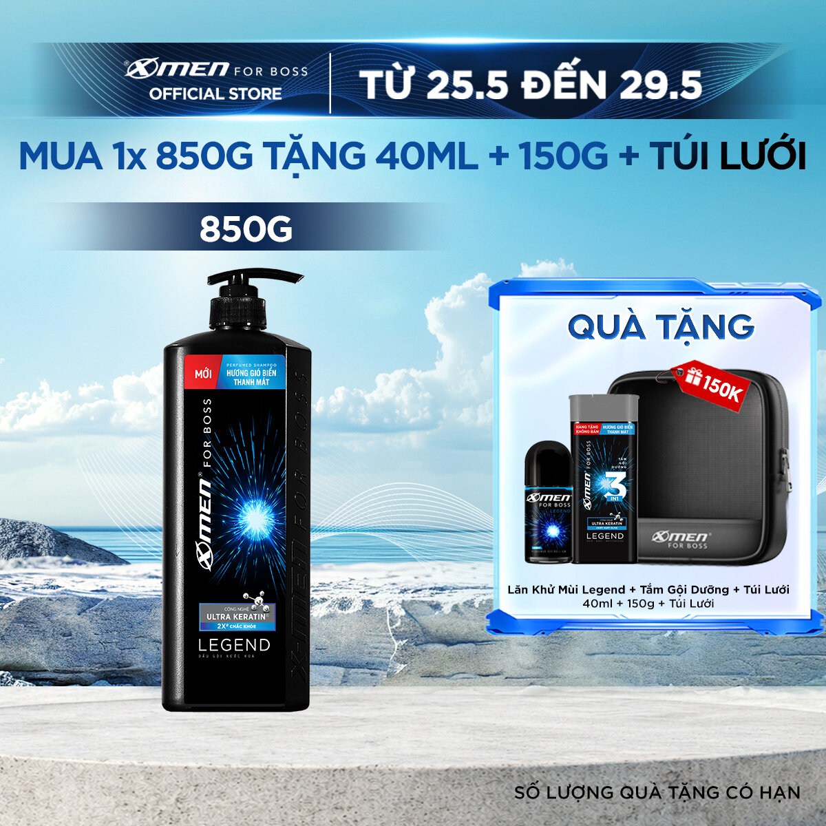Dầu gội X-Men for Boss hương gió biển thanh mát Legend với Ultra Keratin© 850g