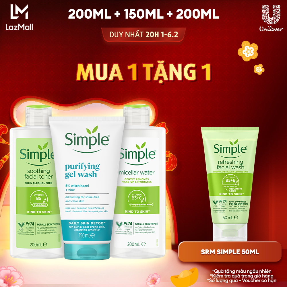 Combo Simple Tẩy trang Micellar 400ml hoặc 200ml/Sữa dưỡng ẩm 125ml + Sữa rửa mặt 150ml + Nước hoa hồng 200ml ngừa mụn hiệu quả [CHÍNH HÃNG ĐỘC QUYỀN]