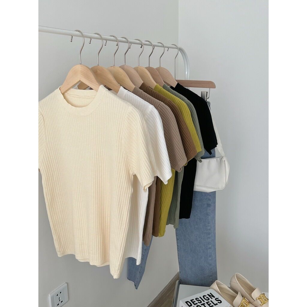 Áo len tăm trơn cộc tay cổ tròn basic dáng ôm - Lumii