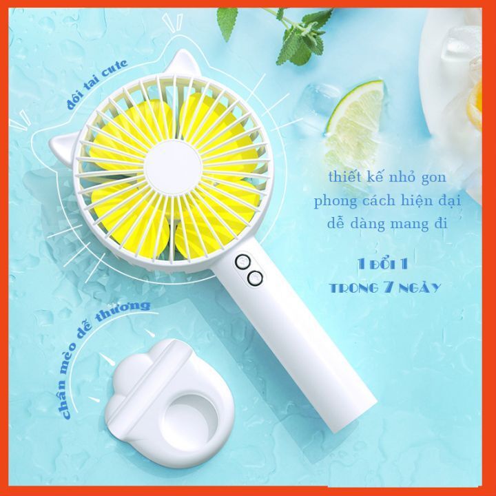 Quạt Tích Điện Mini Cầm Tay Tai Mèo Có Đế Để Bàn - Có Đèn Chiếu Sáng - 3 Cấp Độ Gió (Tặng Kèm Sạc Và Pin)