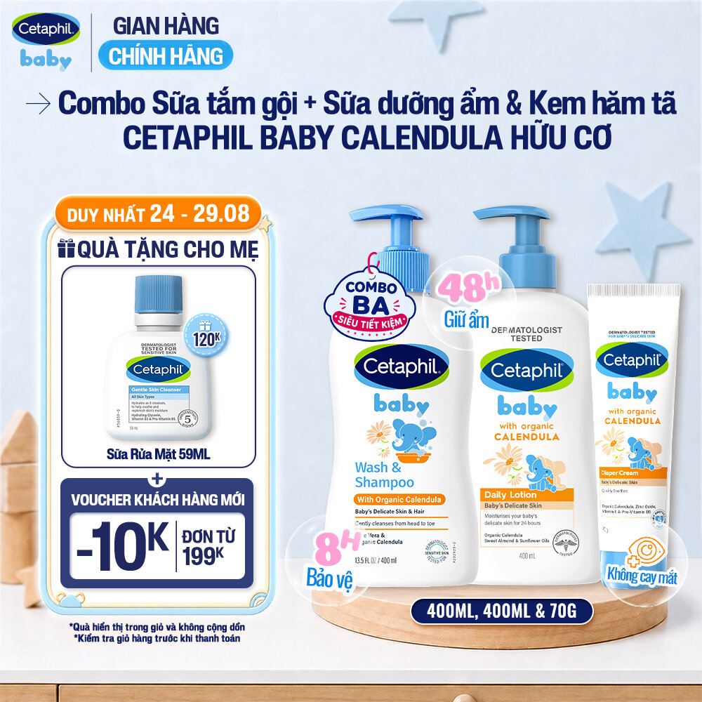Bộ Sữa tắm gội 400ML + Sữa dưỡng ẩm 400ML + Kem chống hăm tã 70G CETAPHIL BABY WITH ORGANIC CALENDULA