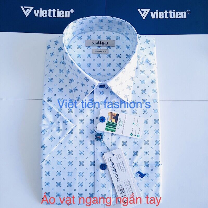 Áo vạt ngang ngắn tay việt tiến bông xanh nền trắng