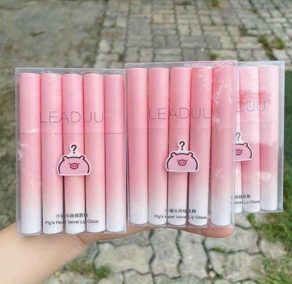 Bộ Son Kem Lì 5 Cây Đầu lợn Leaduu Hồng Không Dính Cốc Set Son Kem