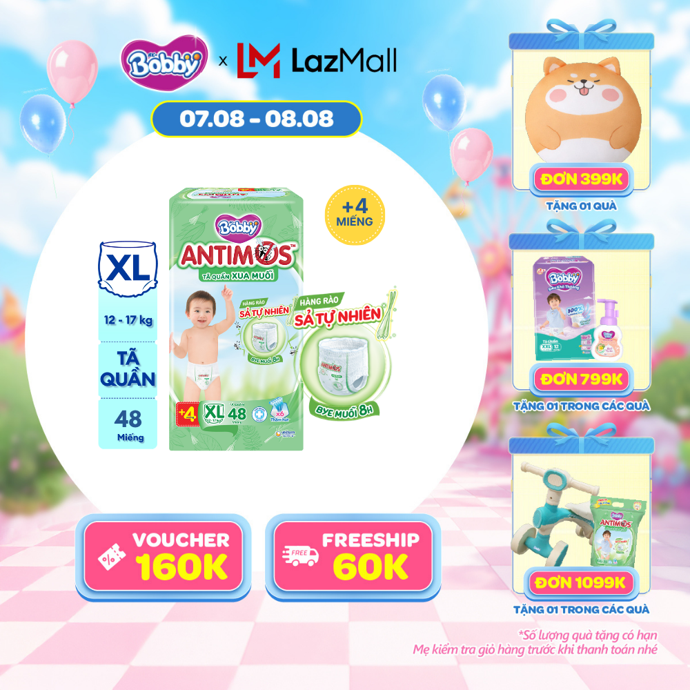 [20g 7-10.8 QUÀ TO][TẶNG KÈM 4 MIẾNG] Tã Quần Xua Muỗi Bobby Antimos – Hàng rào Sả tự nhiên Bye Muỗi 8H - Size XL 48 miếng