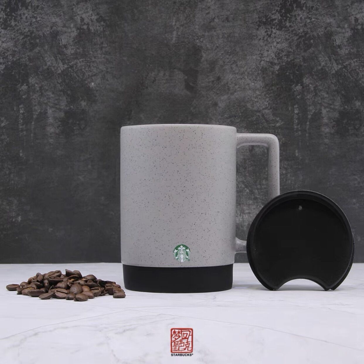 [STARBUCKS US] - CỐC SỨ BLACK GREY DW CERAMIC HANDLE MUG 16oz