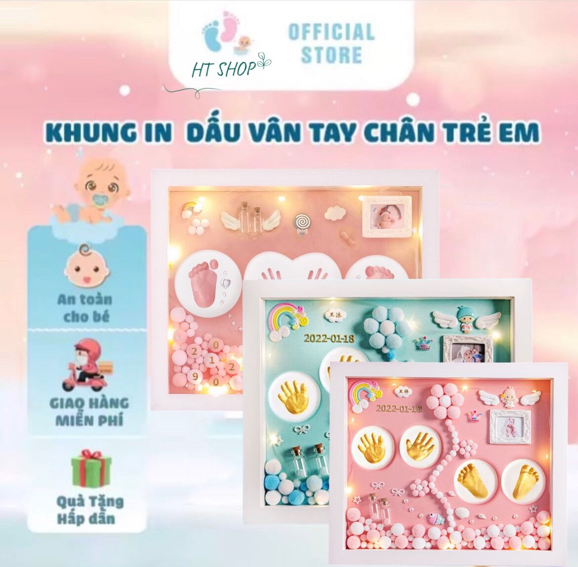 Khung In Dấu Chân Tay Em Bé size M : 28x33cm + in ảnh bé miễn phí