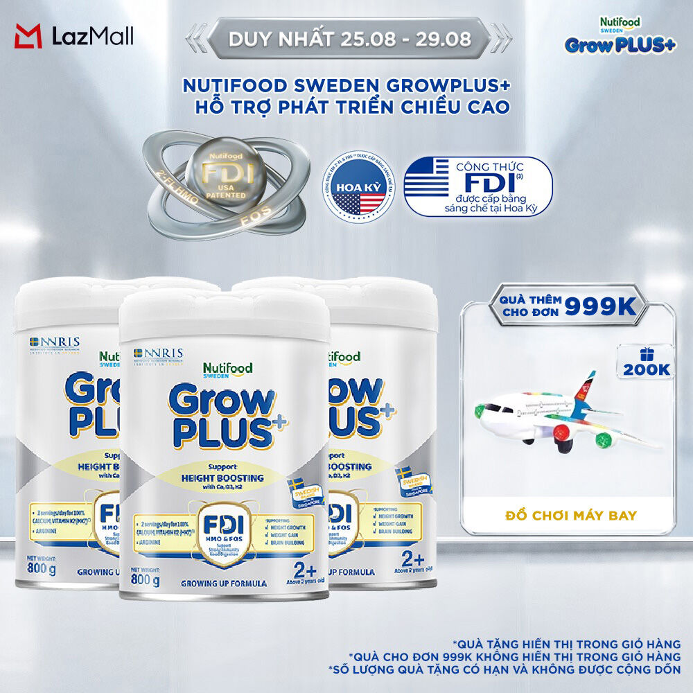 Combo 3 Sữa Bột Nutifood Sweden GrowPLUS+ Cao lớn vượt trội - Hỗ trợ phát triển chiều cao trên 2 tuổi (Bạc) 800g