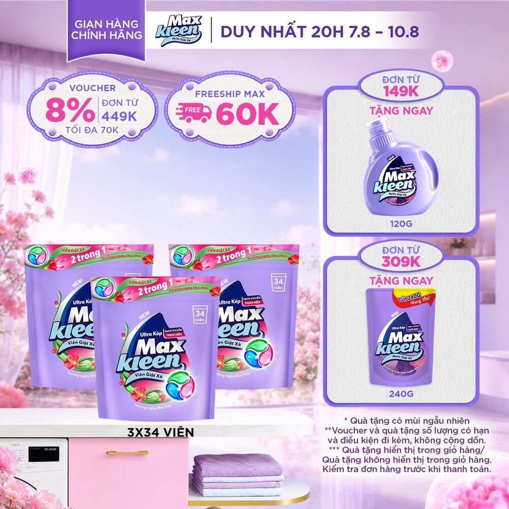 Combo 3 Túi Viên Giặt Xả MaxKleen Hương Huyền Diệu (34 viên/túi)