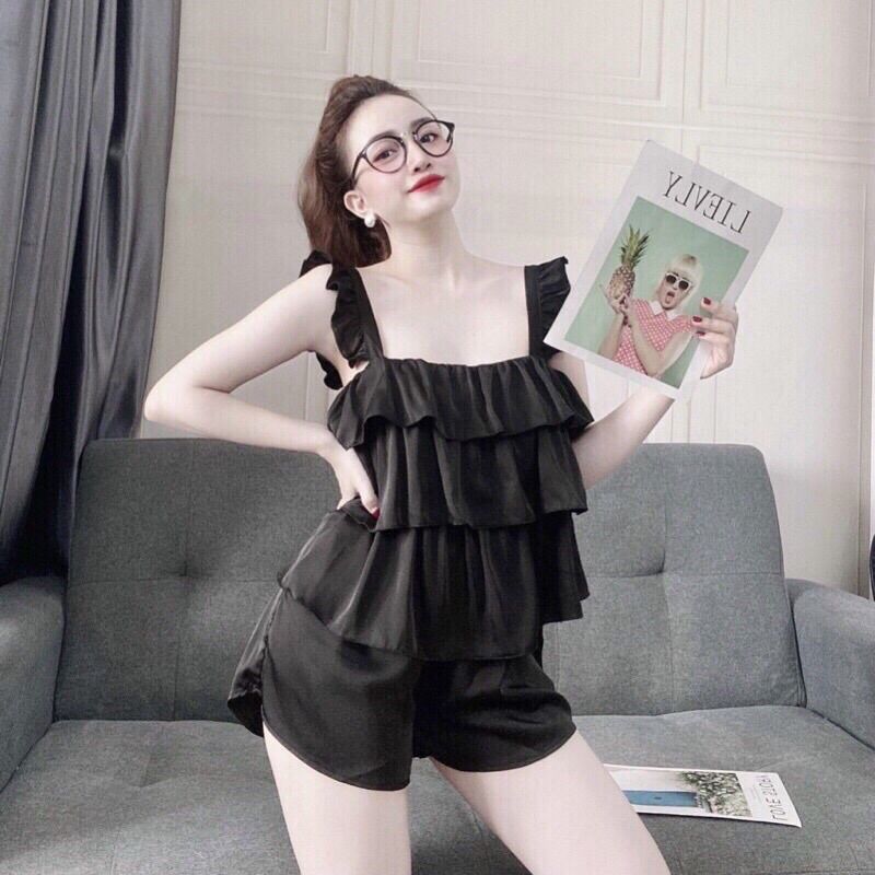 Bộ ngủ nữ áo 3 tầng tay bèo chất lụa satin