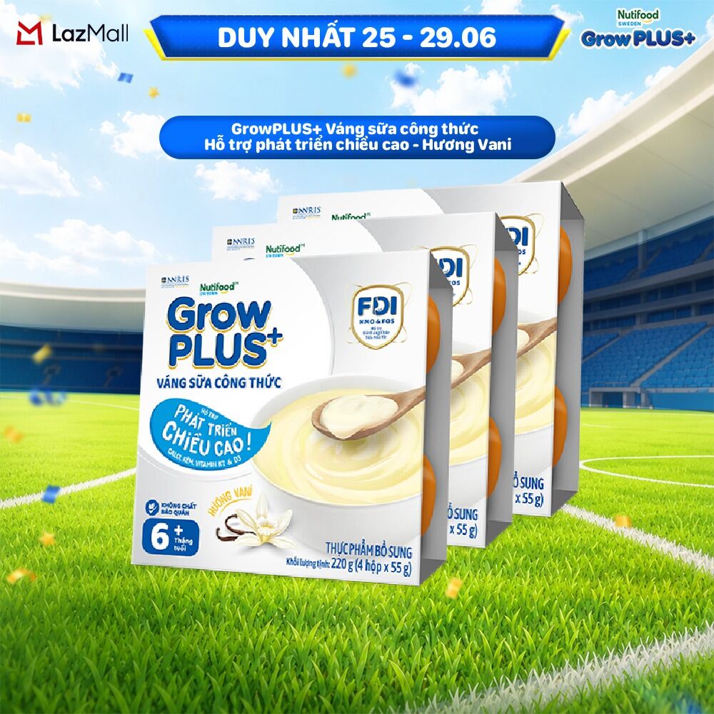 Combo 3 lốc GrowPLUS+ Váng sữa công thức - Hỗ trợ phát triển chiều cao hương Vani & vị Socola (55g x 12 hộp)