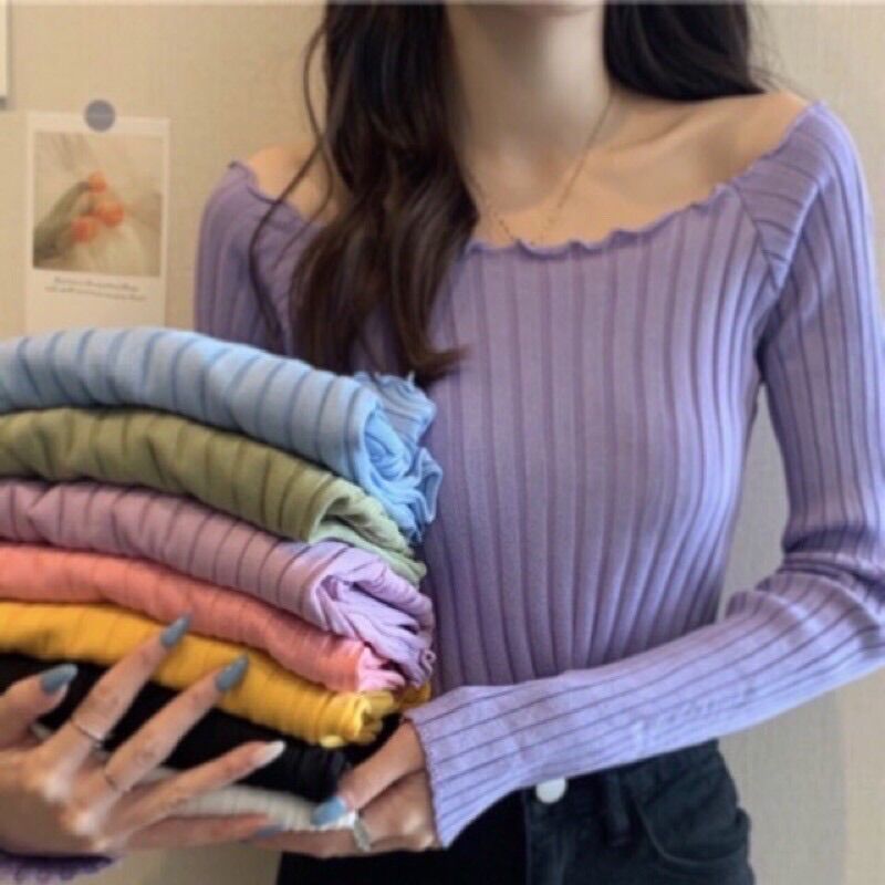 💥Áo len mongtoghi croptop dài tay trễ vai