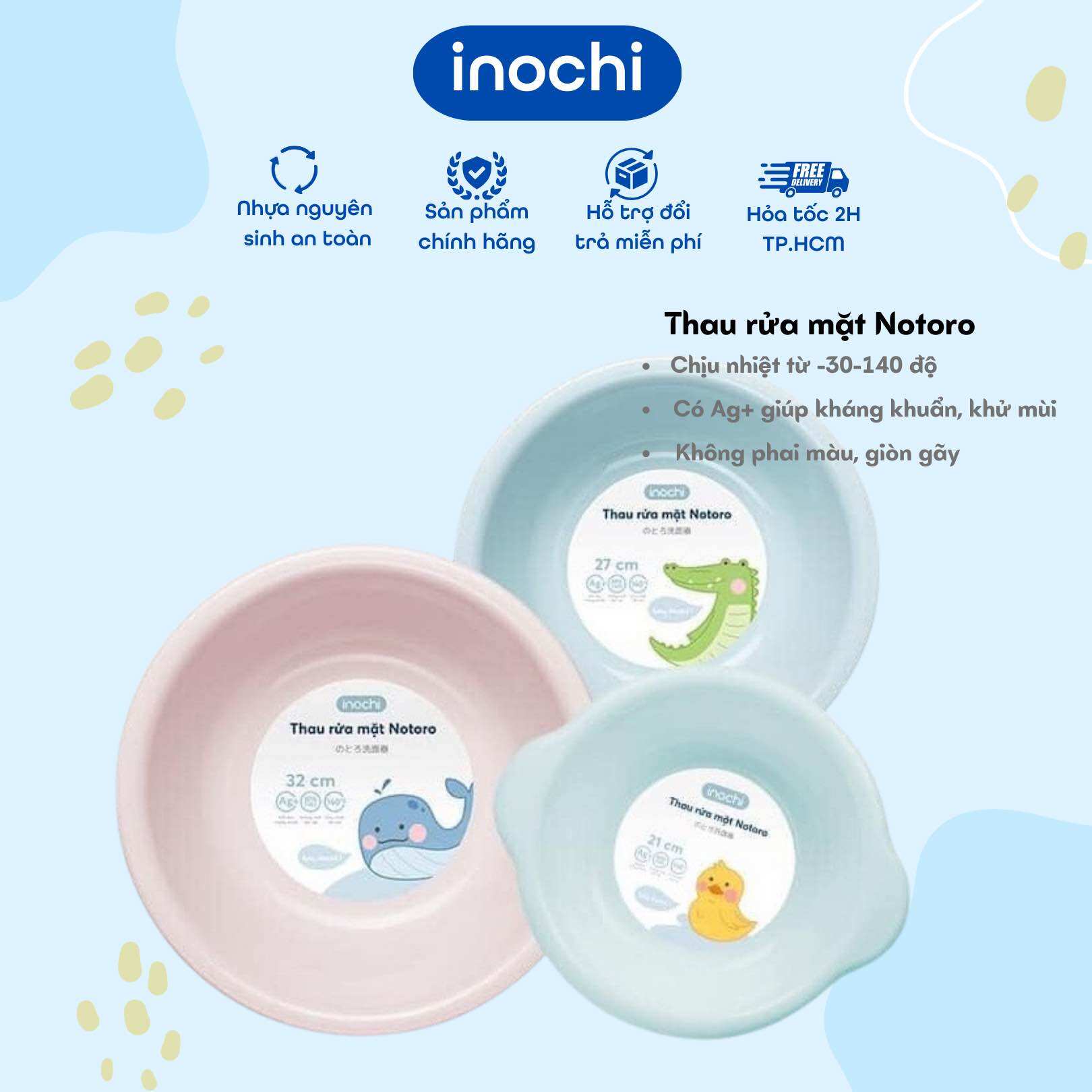 Thau rửa mặt Notoro 21CM 27CM 32CM, chứa Ag+ kháng khuẩn, chịu nhiệt độ cao. giao màu ngẫu nhiên
