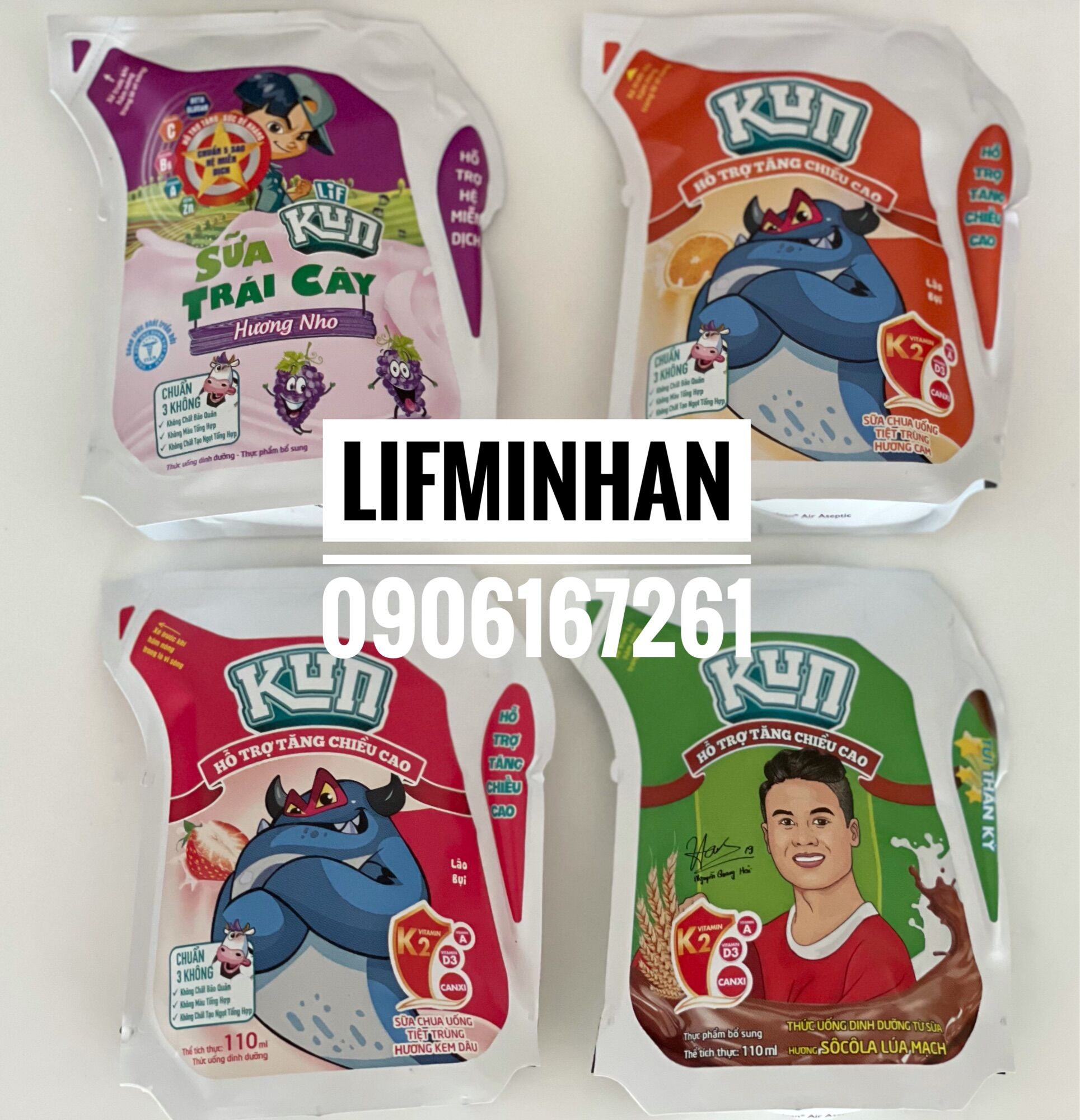 Kun cao lớn mix 4 vị cam, nho, dâu, socola thùng 110ml x 24 túi