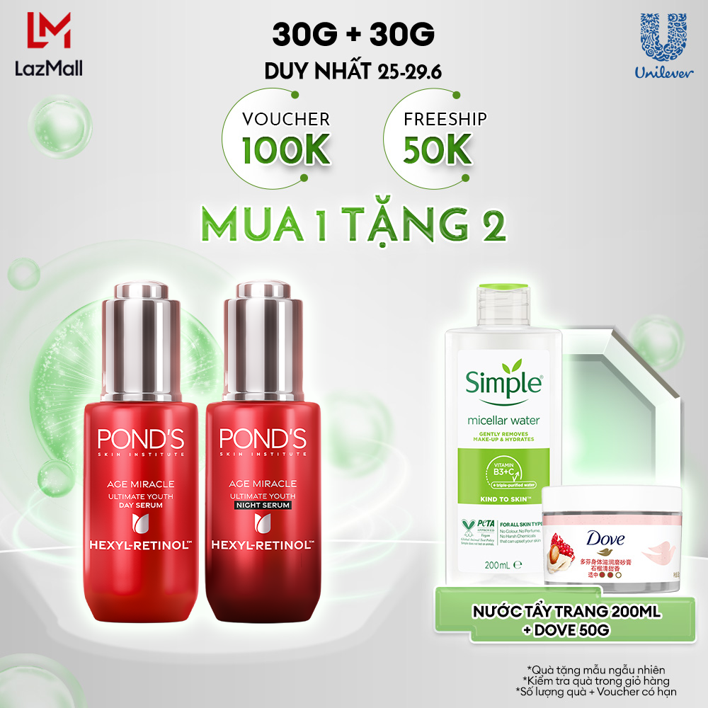 Combo Serum ngày & đêm Pond's Age Miracle mờ đốm nâu và nếp nhăn với 50X Hexyl-Retinol 30G+30G