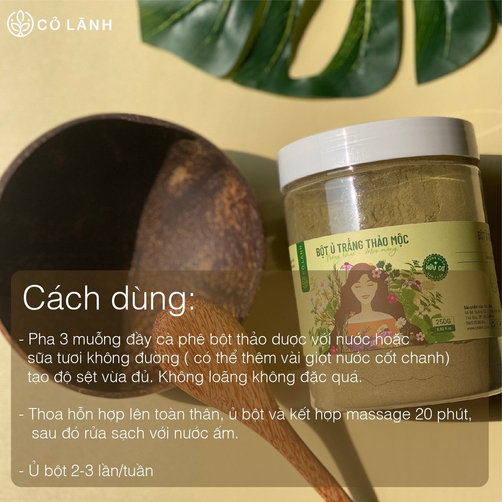 Bột ủ trắng thảo dược thiên nhiên Cỏ Lành 250G - Tặng bộ chén gáo dừa và muỗng
