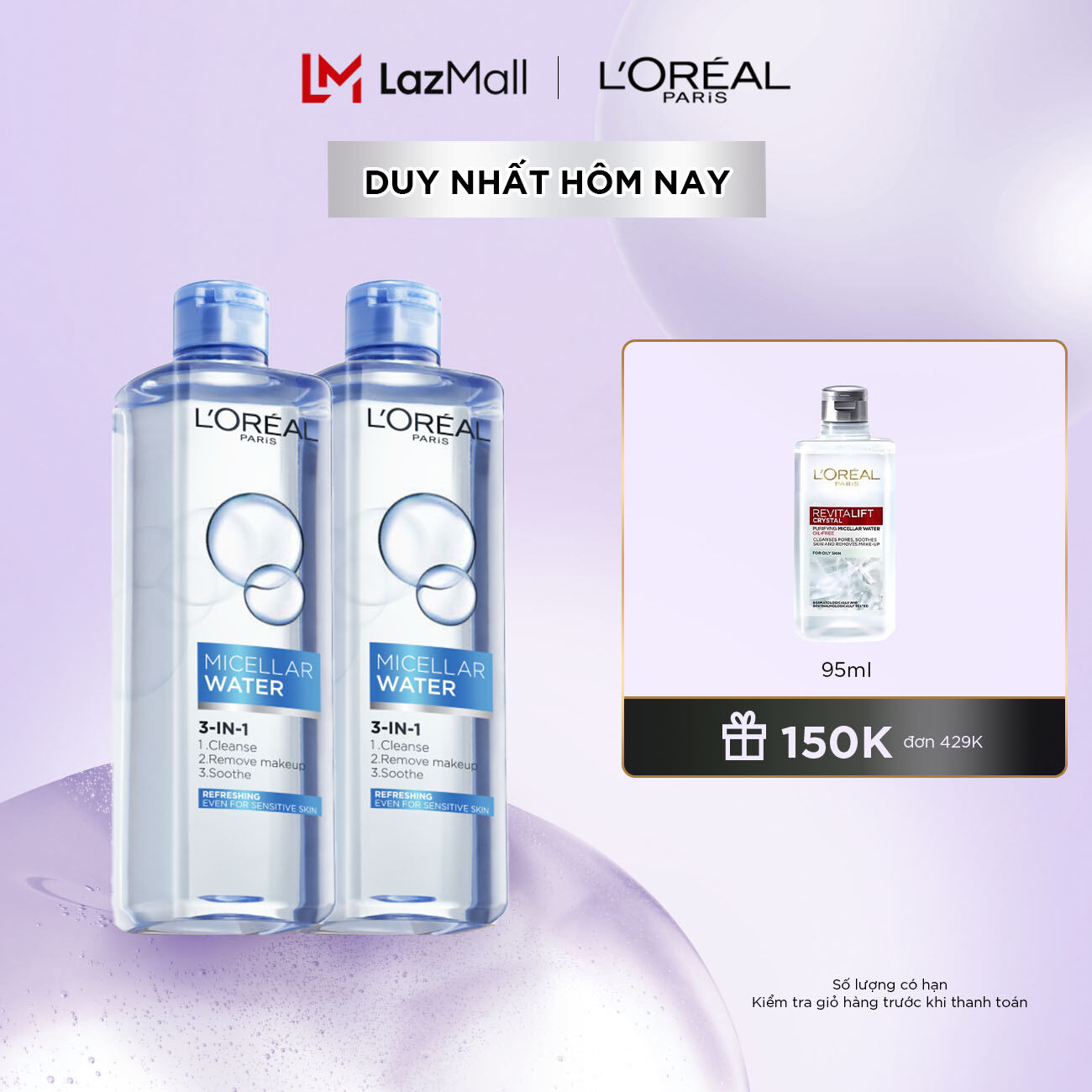 Bộ 2 nước tẩy trang tươi mát Micellar Water L'Oreal Paris 400mlx2
