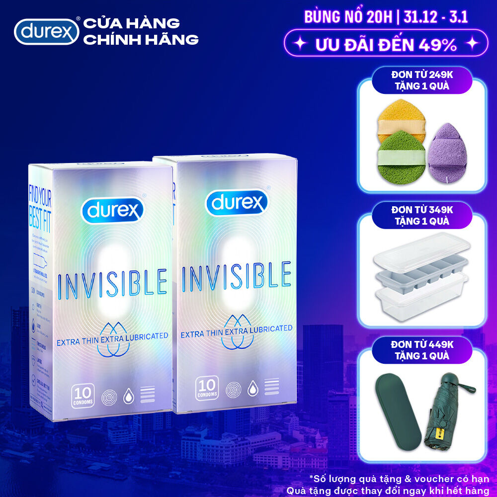  Bộ 2 hộp bao cao su Durex Invisible Lubricated siêu mỏng bôi trơn  size 52mm 10 bao hộp  