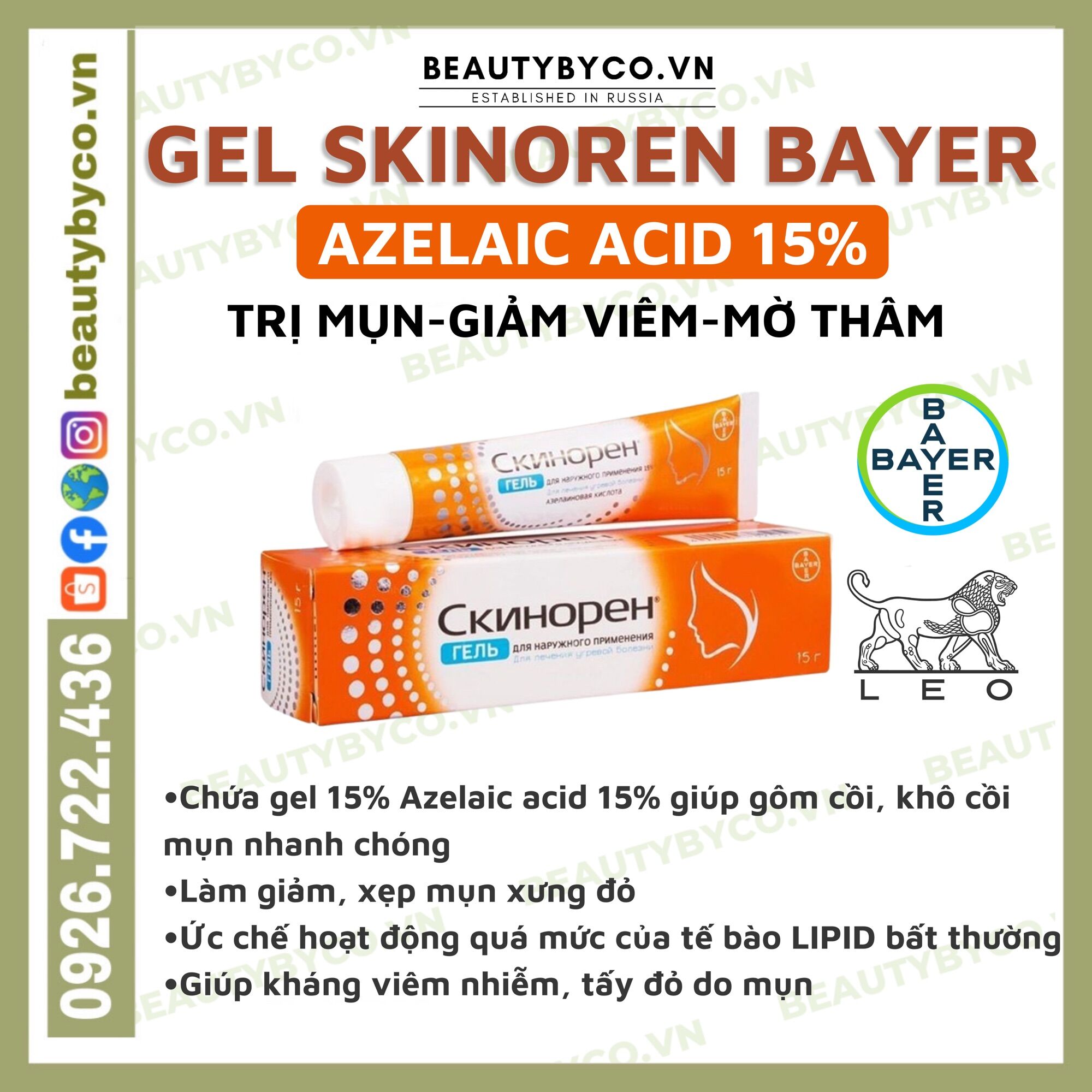 Gel Skinoren Bayer 15% Azelaic acid thấm nhanh gôm cồi mụn giảm xưng viêm tấy mụn mờ thâm đen thâm đỏ hỗ trợ giảm mụn hiệu quả 15g