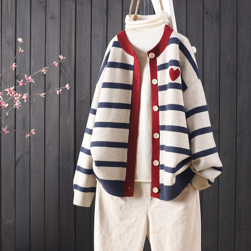 Nữ Thu Đông Sọc Cài Nút Dệt Kim Cardigan Dài Tay Màu Sắc Phù Hợp Với Nữ Công Sở Phong Cách Áo Len Co Giãn Cao