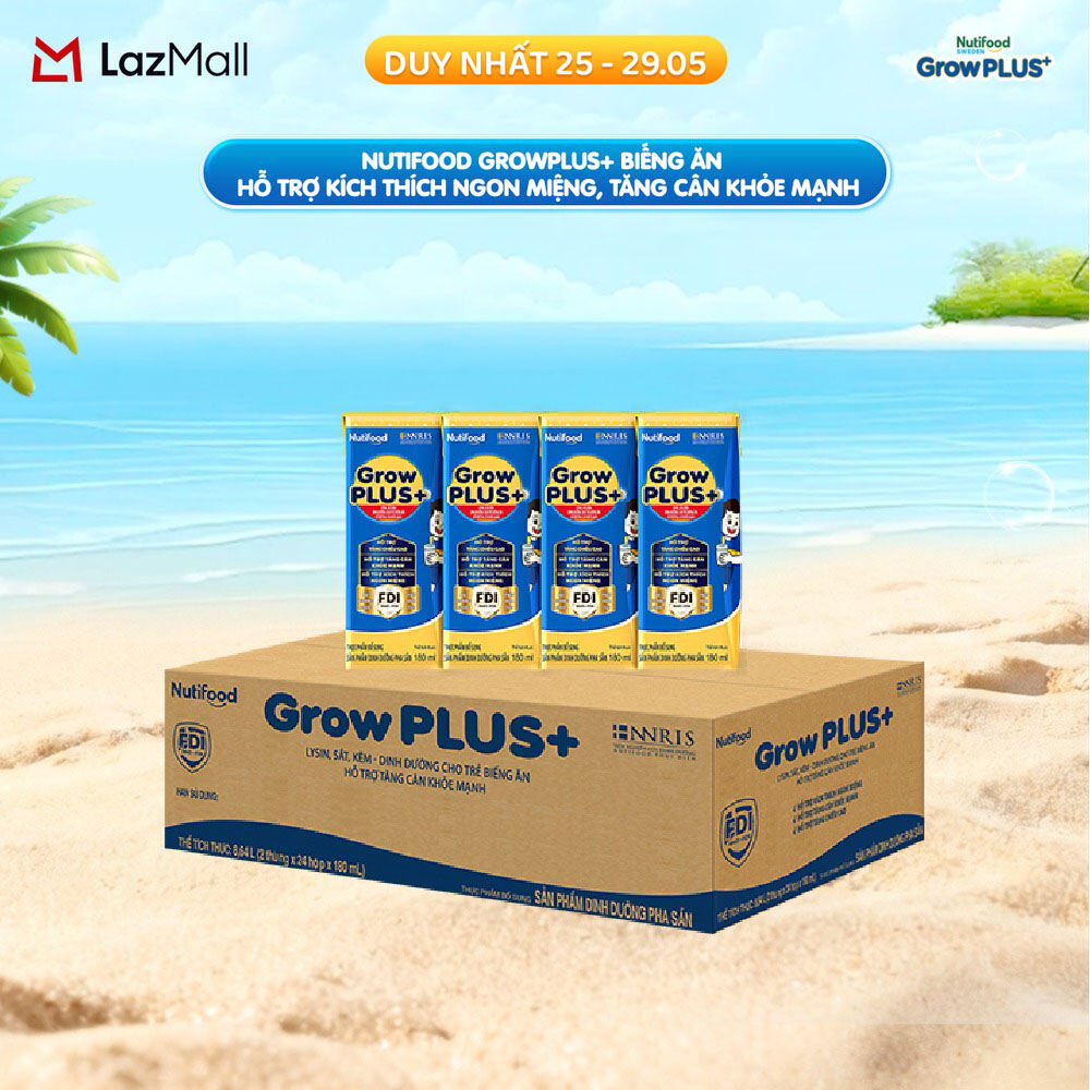 Thùng Sữa Bột Pha Sẵn Nutifood GrowPLUS+ Biếng Ăn 180ml - Hỗ Trợ Kích Thích Ngon Miệng, Tăng Cân Khỏe Mạnh - Trên 2 Tuổi (48 Hộp x 180ml)