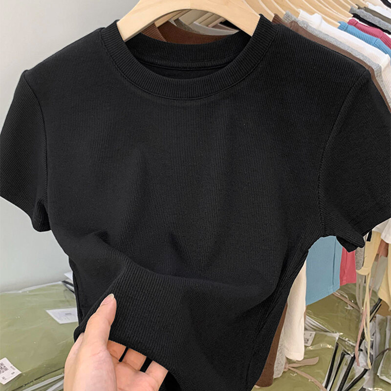 Áo Phông Cộc Tay Tôn Ngực Mẫu Ngắn Cổ Tròn Vân Ren Kiểu Hồng Kông Áo Mặc Trong Thon Gọn Tôn Dáng Phối Trong Mùa Hè Cho Nữ Sành Điệu Instagram