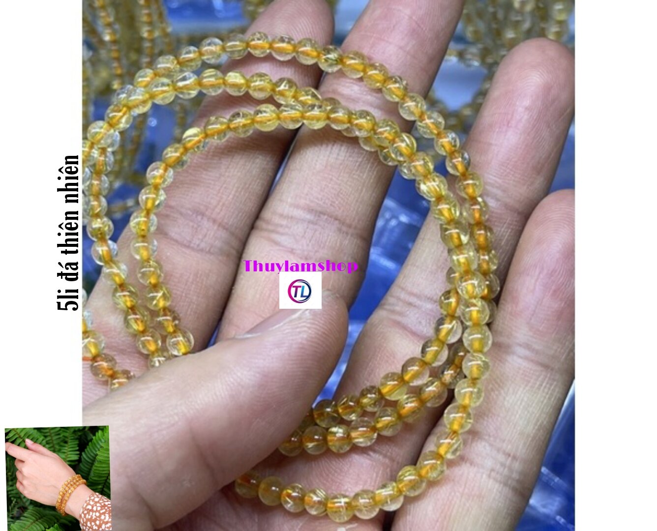 Chuỗi 3 vòng đá thạch anh tóc vàng 5li thiên nhiên kèm giấy kiểm định đá quý