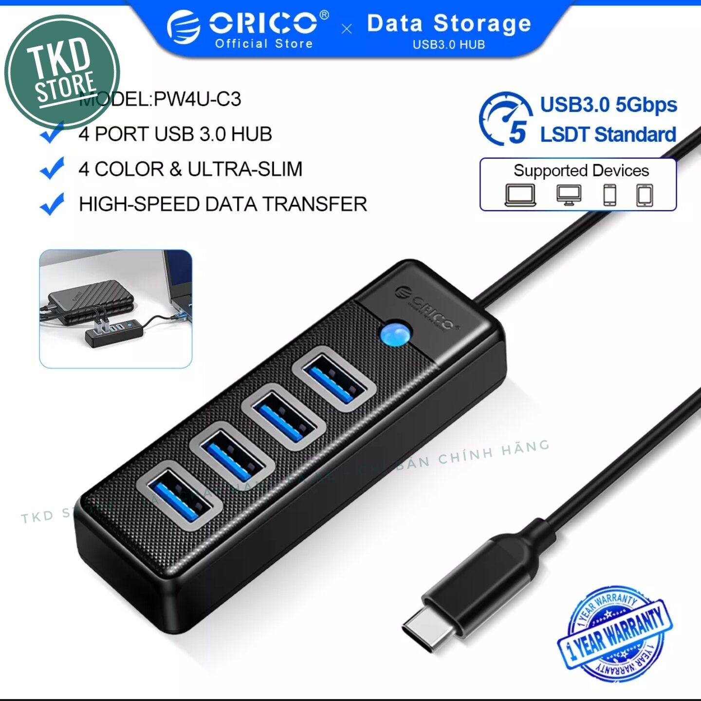 Bộ chia cổng hub usb type c chính hãng orico - usb 3.0 tốc độ cao 5ghs, có cổng type c, giá cực rẻ