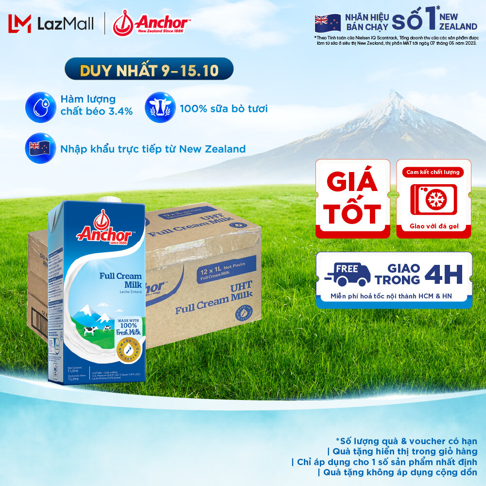 [GIAO HÀNG HỎA TỐC - HCM] Thùng 12 Hộp Sữa Tươi Tiệt Trùng Anchor Nguyên Kem Hộp 1 Lít