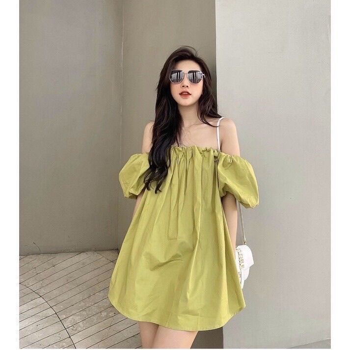 Váy trễ vai tay lửng, đầm nữ trễ vai màu dáng suông TT 43