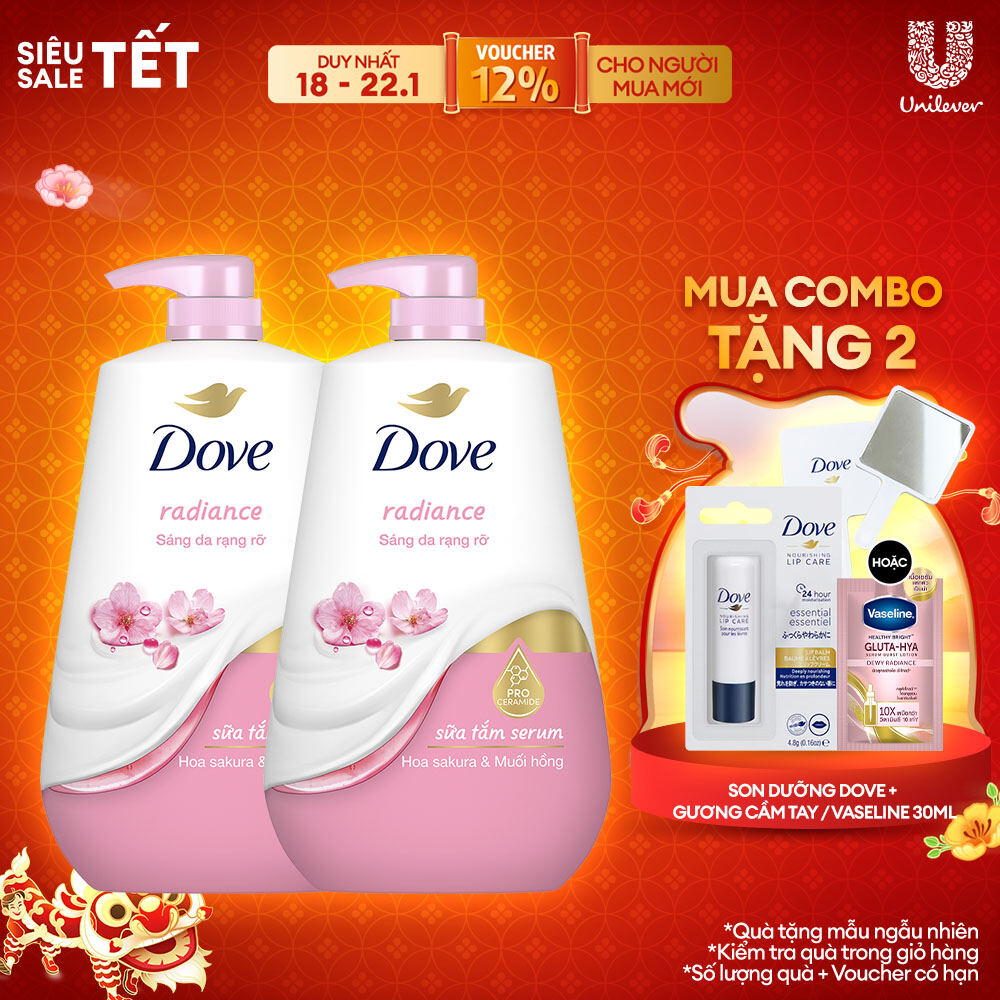 Combo 2 Sữa tắm dưỡng thể Dove chăm da mềm mịn tức thì với dưỡng chất lợi khuẩn da 900g/chai (bao bì