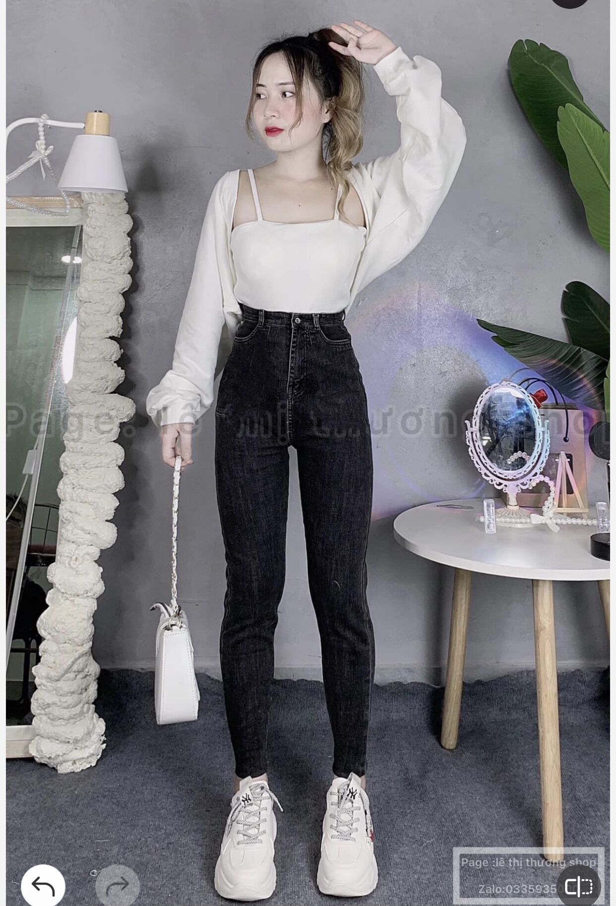 Jeans dài lưng cao co giãn trơn + set 2 món áo khoác