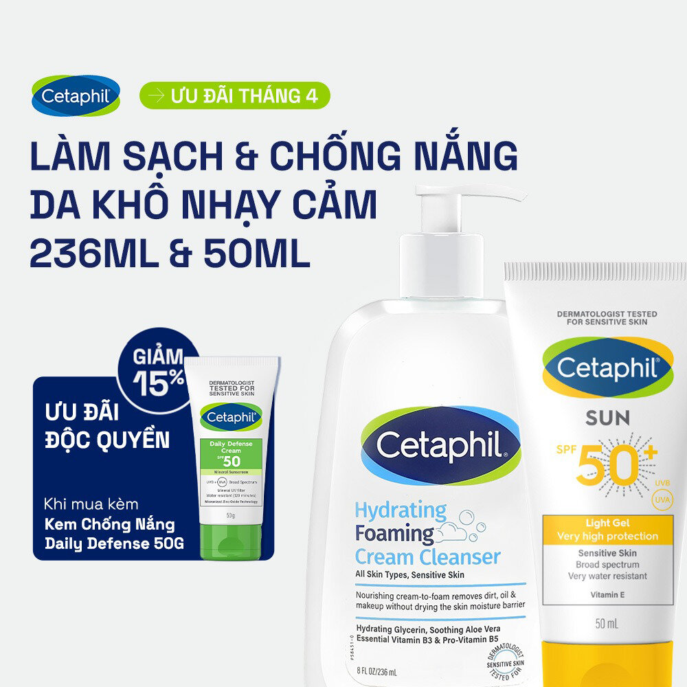 Combo Làm sạch  Chống nắng cho da khô - Sữa Rửa Mặt Tạo Bọt Cetaphil Hydrating Foaming 236ml + Gel chống nắng SPF 50+ 50ML