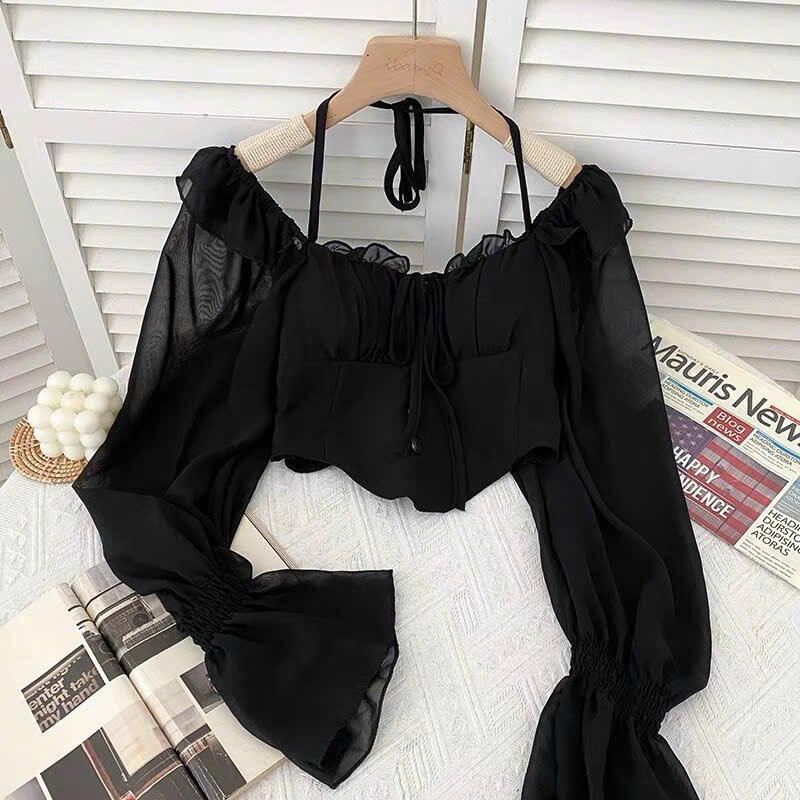 Áo Croptop Yếm Bèo Tay Dài Vạt Bầu
