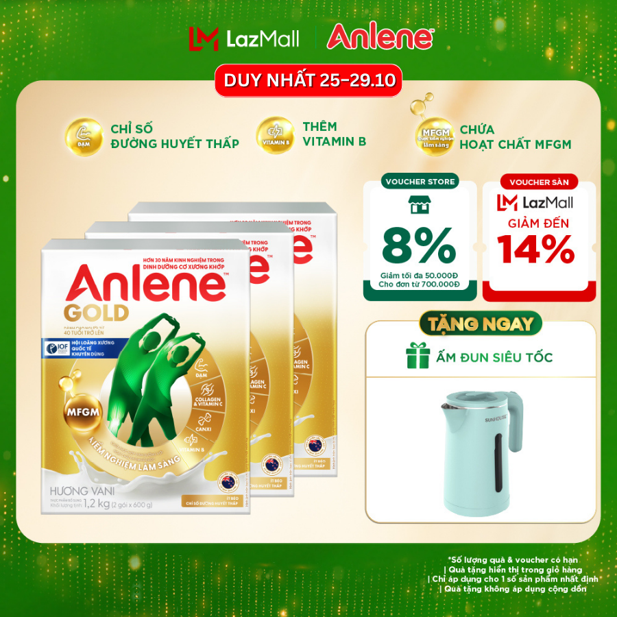 [Voucher giảm đến 26%]Combo 3 Sữa Bột Anlene Gold Hương Vani 1.2Kg