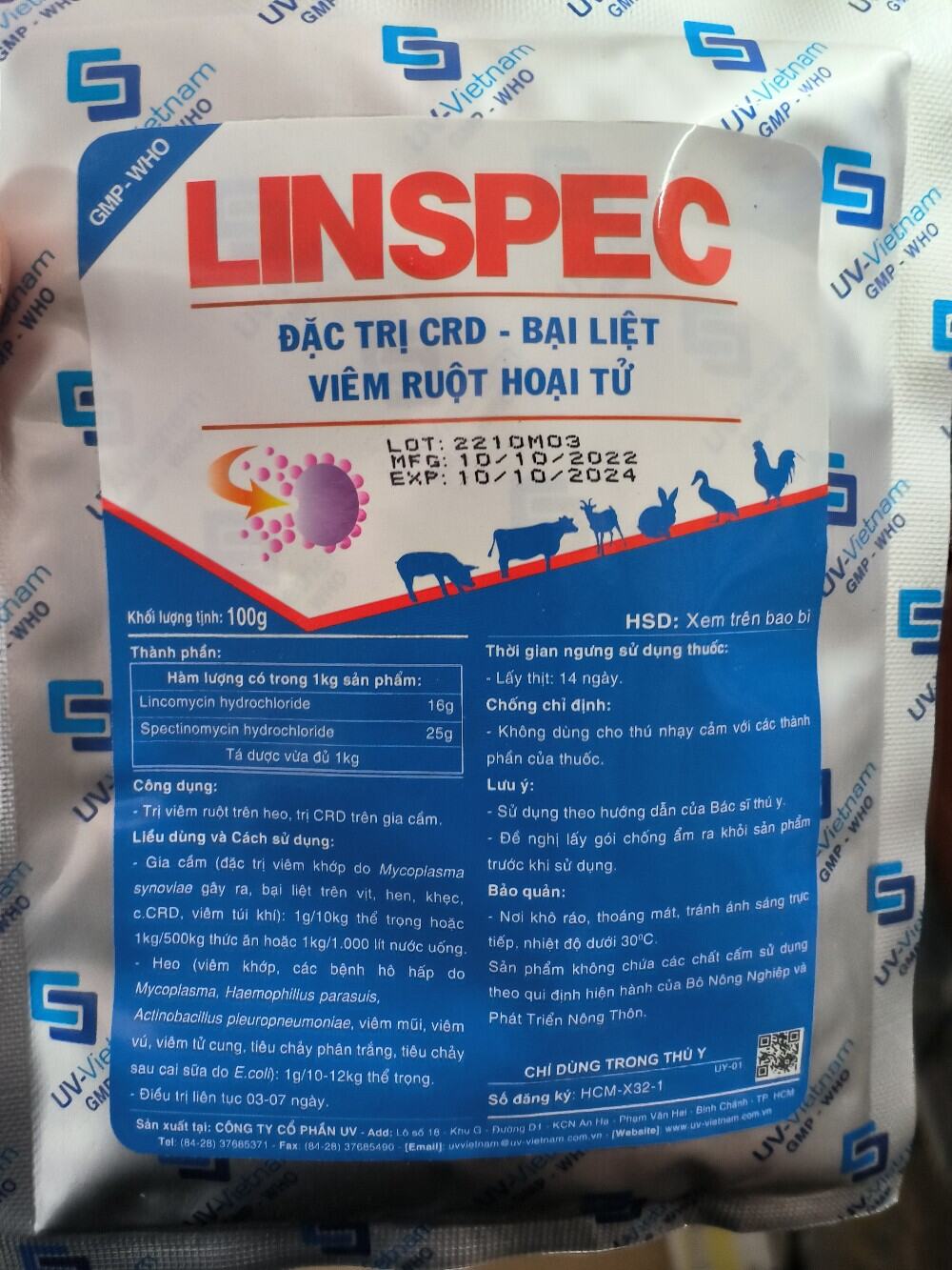 Linspec 100gr UV cho gia súc gia cầm CRD bại liệt viêm ruột hoại tử