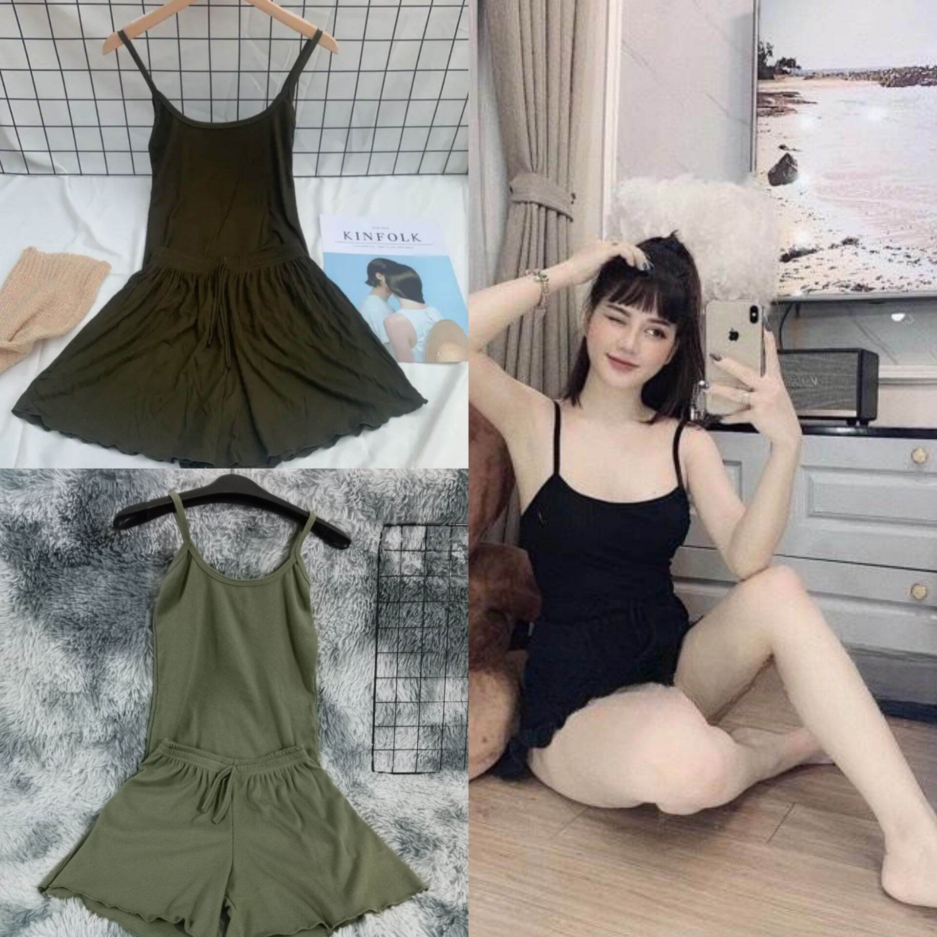 Bộ ngủ 2 dây thun tăm chất mát lạnh, Sét đồ ngủ hai dây sexxy co giãn