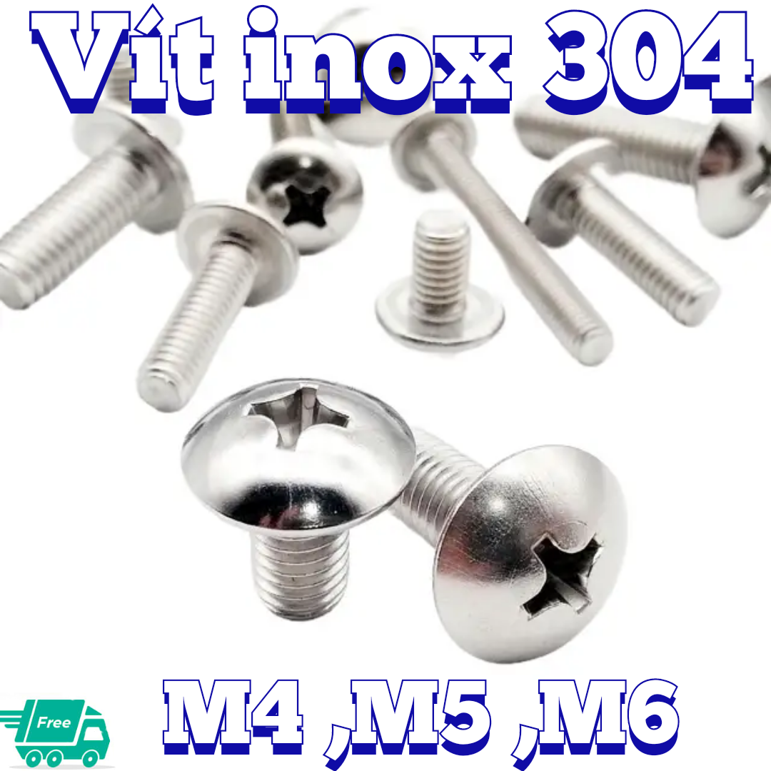 Vít inox 304 đầu dù ren nhuyễn M4, M5, M6 tùy chọn kt và số lượng theo phân loại [ Mua 50 sẽ rẻ hơn ]
