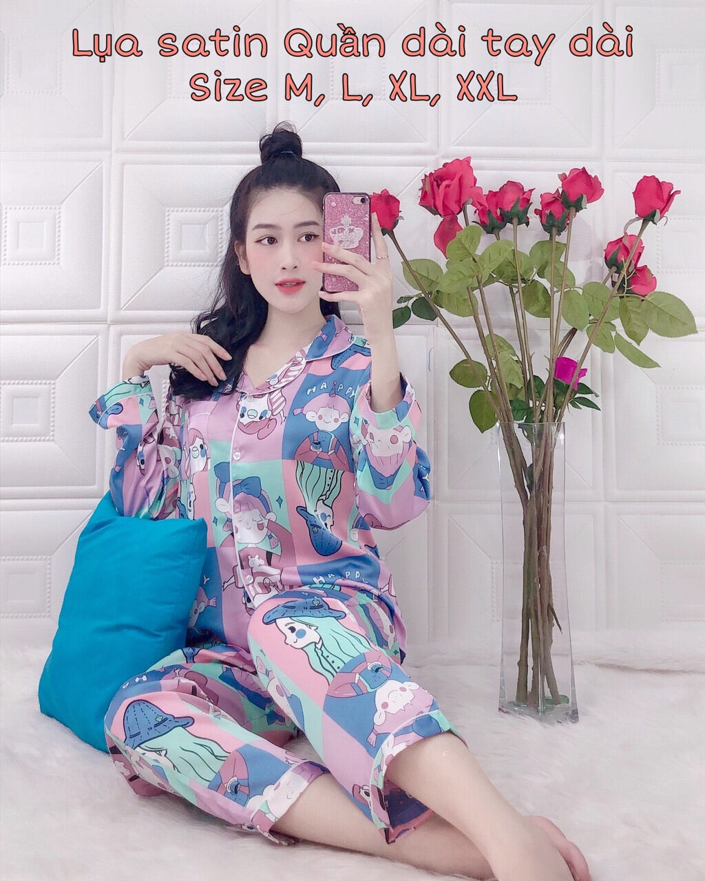 Bộ Lụa Satin QDTD Họa Tiết Sang Chảnh_Size M Dưới 52kg