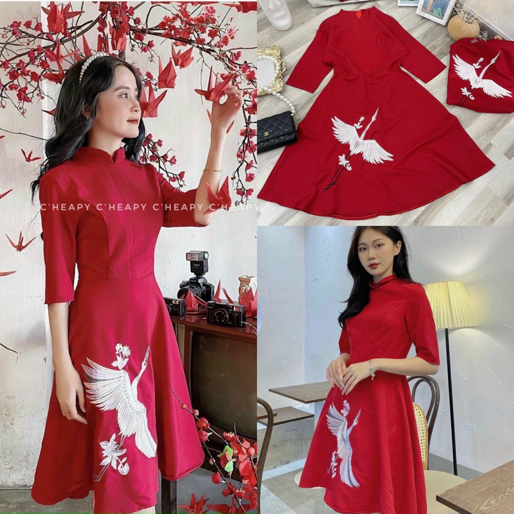 Đầm cổ tàu màu đỏ mặc đi tiệc - m,l,xl,xxl