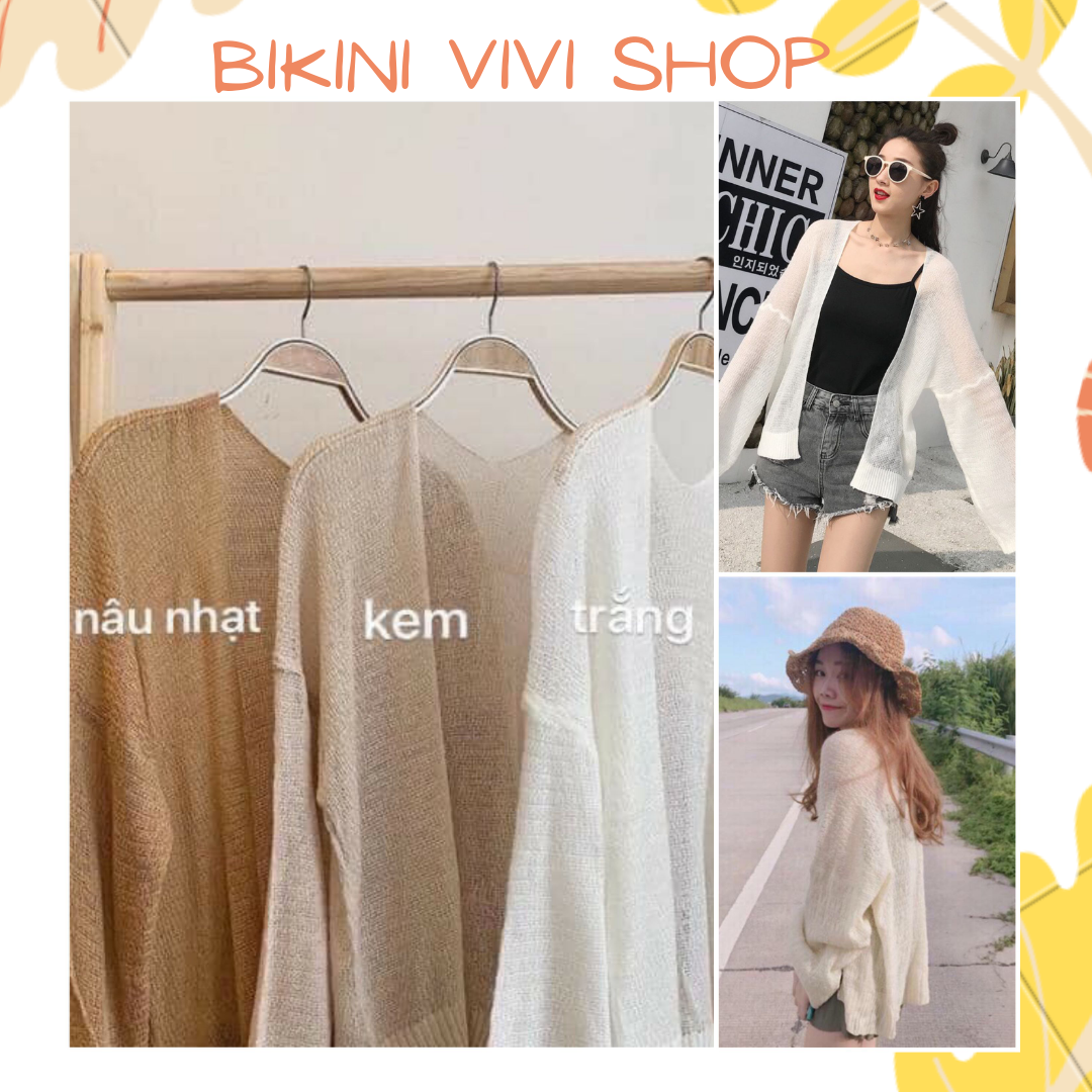 Áo choàng đi biển, áo khoác len Cardigan ngắn Quảng Châu màu trắng, kem, nâu Vivi Shop