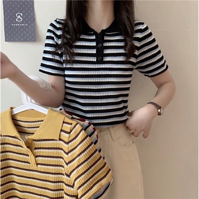 Áo cộc tay cổ polo kẻ ngang cá tính