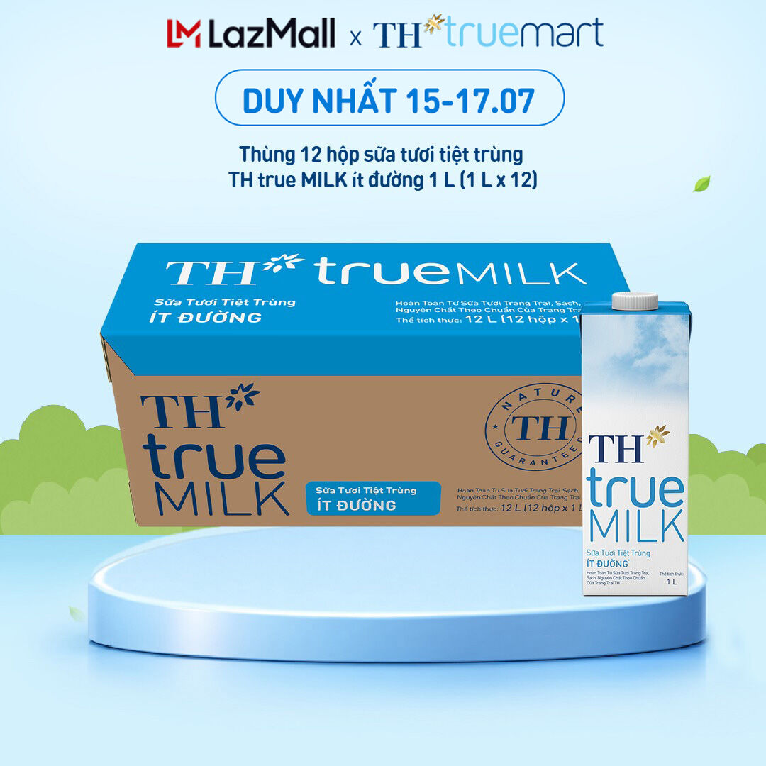 Thùng 12 hộp sữa tươi tiệt trùng TH true MILK ít đường 1 L (1 L x 12)