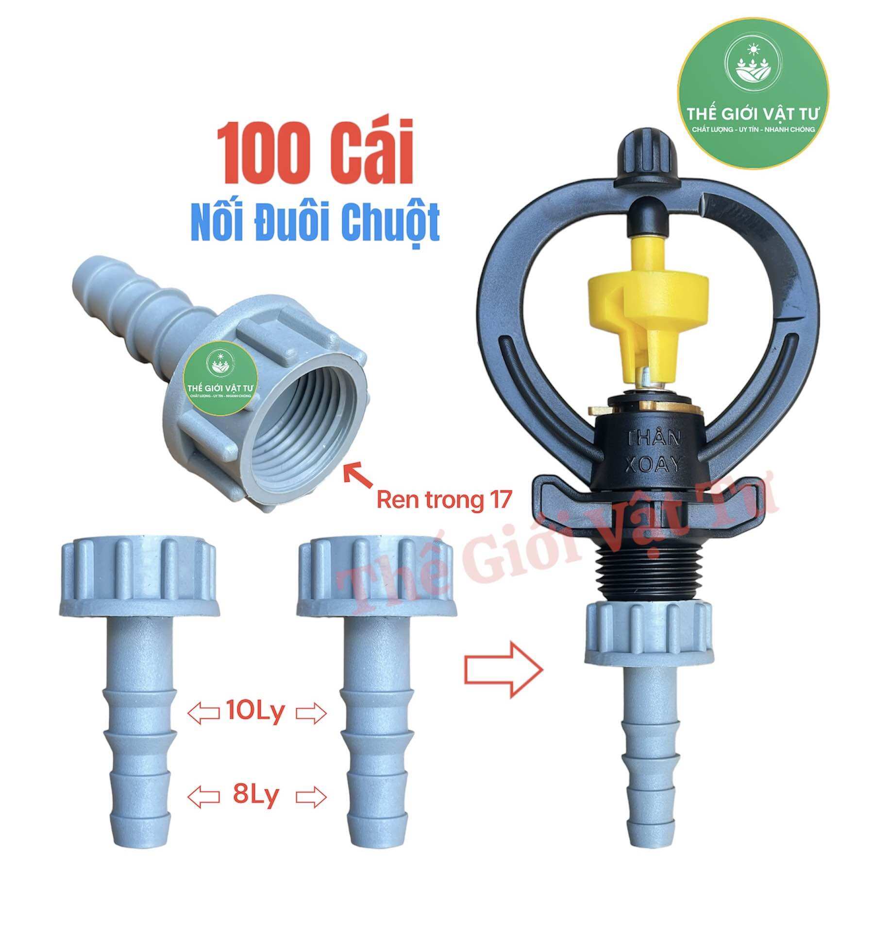 100 Cái nối đuôi chuột , nối ren trong 17 ra đuôi 8 ly - 10 ly dùng trong hệ thống tưới tự động, tưới nhỏ giọt