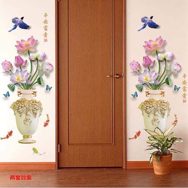 decal dán tường bình hoa và công